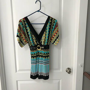 Bisou Short Sleeve Belted Multi Colored Vintage Top
